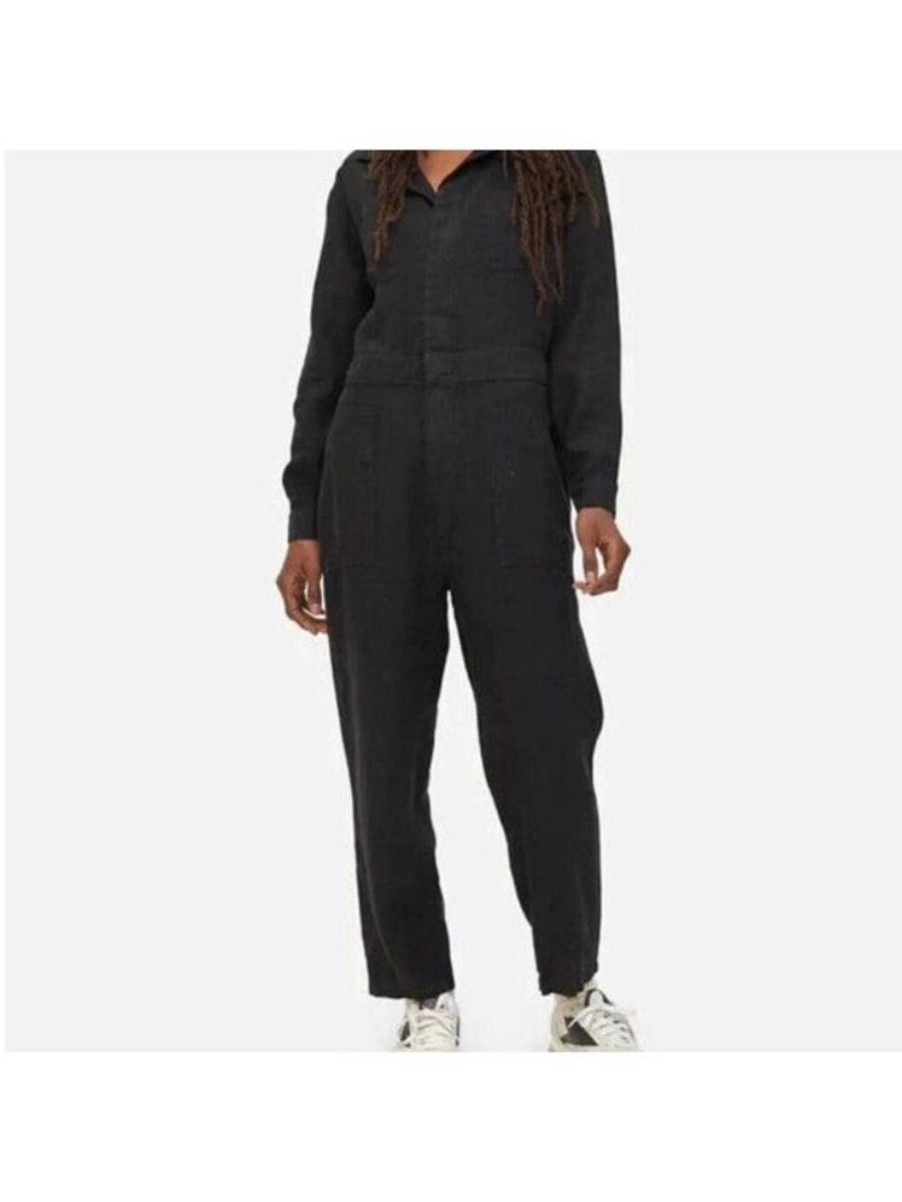 Mate The Label Women S Linen Jumpsuit Long Sleeve Button Front Black Pockets